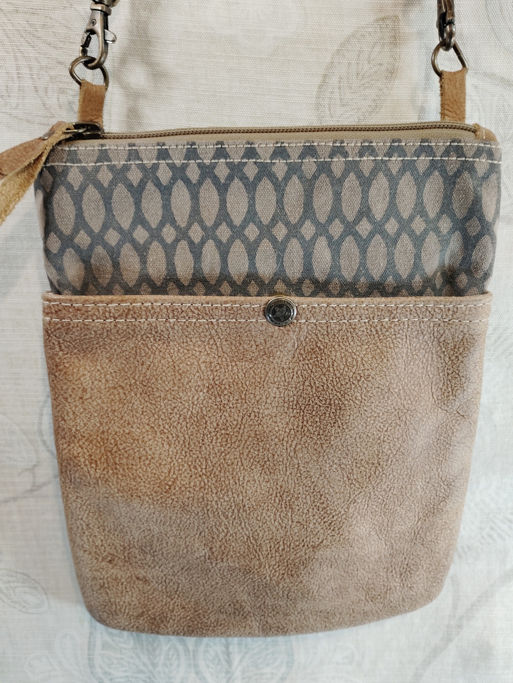 Myra Bag Tan and Gray Patterned Crossbody Bag